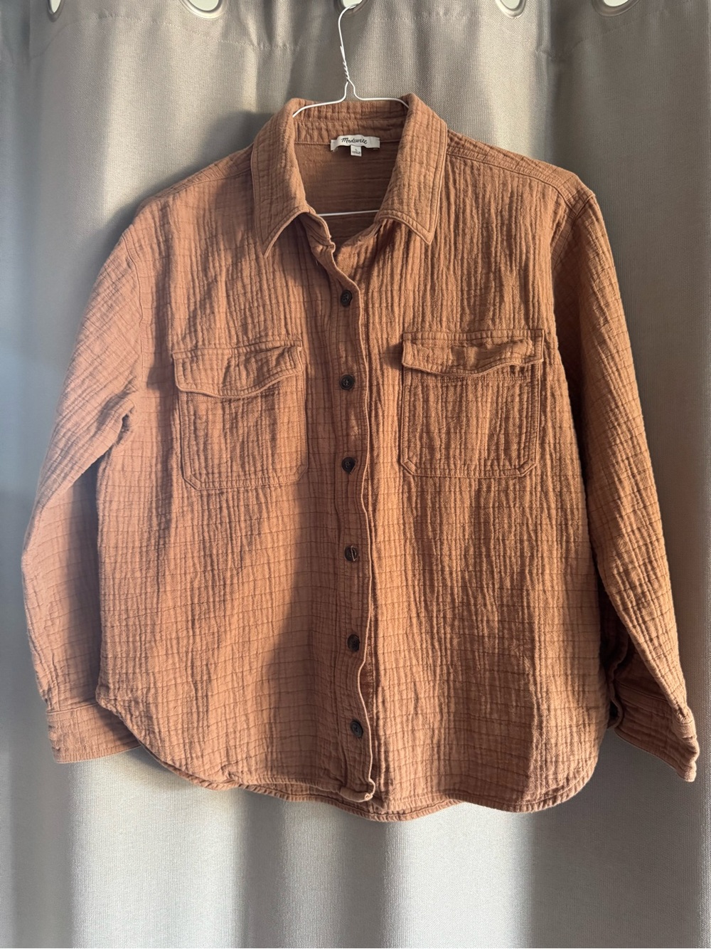 Madewell Cotton Crinkle Gauze Rust Brown Button-Up Quilted Shirt Jacket in Large